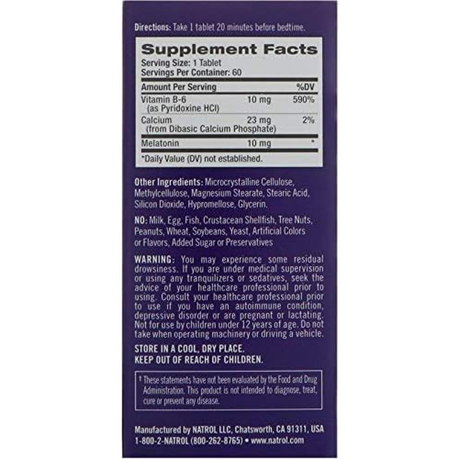 Natrol Advanced Sleep 10mg Melatonin Time Release 60 Tablets Supplement Facts