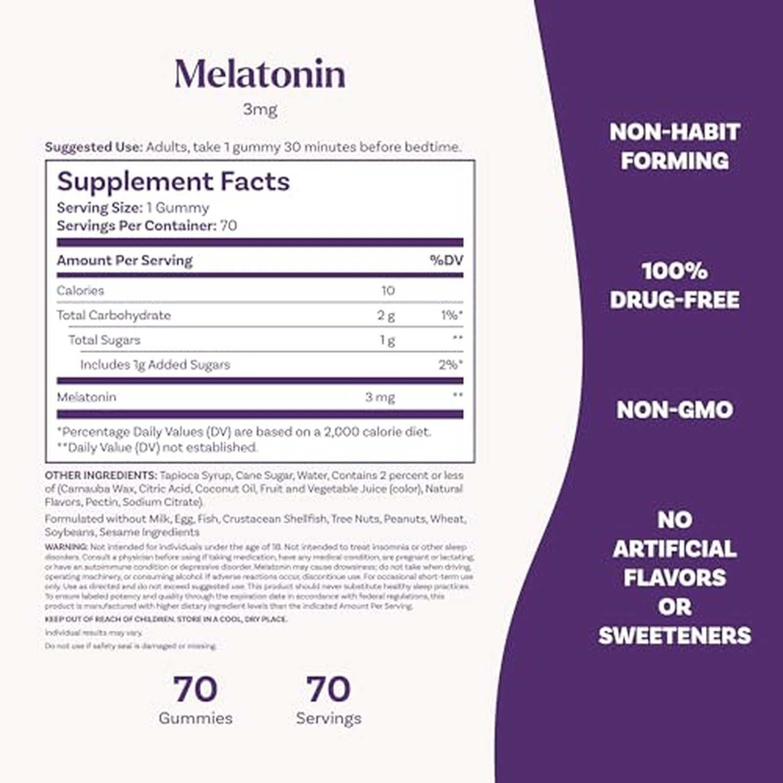 Natrol Melatonin 3mg 70 Gummies Supplement Facts