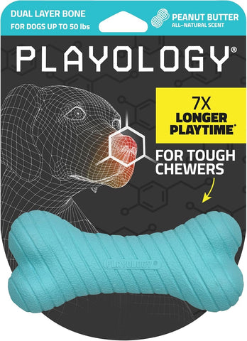 PLAYOLOGY - Dual Layer Bone Chew Toy Peanut Butter Flavored - 1 Medium Bone